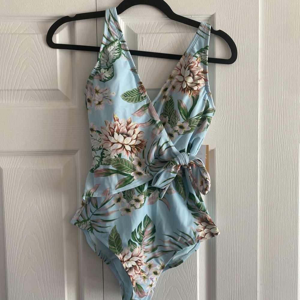 Kona Sol Floral Wrap One Piece Swimsuit Womens Small Blue Tropical High Coverage